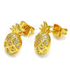 Oro Laminado Stud Earring, Gold Filled Style Pineapple Design, with White Micro Pave, Polished, Golden Finish, 02.342.0014