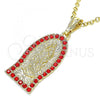 Oro Laminado Religious Pendant, Gold Filled Style Guadalupe Design, with Garnet Crystal, Polished, Golden Finish, 05.351.0125.1