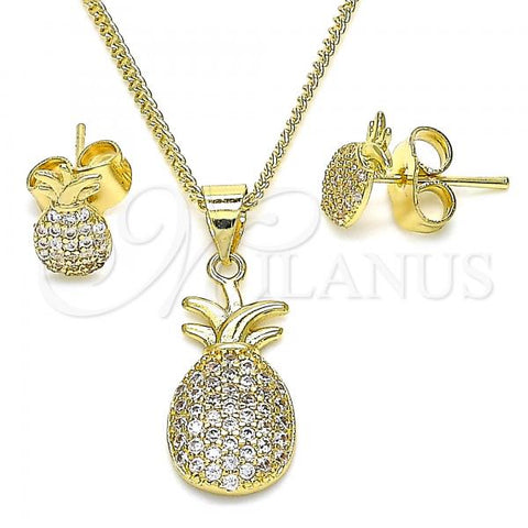 Oro Laminado Earring and Pendant Adult Set, Gold Filled Style Pineapple Design, with White Micro Pave, Polished, Golden Finish, 10.156.0337