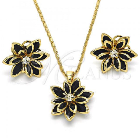 Oro Laminado Earring and Pendant Adult Set, Gold Filled Style Flower Design, with Black and White Crystal, Polished, Golden Finish, 10.64.0155.4