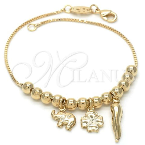 Oro Laminado Charm Bracelet, Gold Filled Style Elephant and Four-leaf Clover Design, Polished, Golden Finish, 03.32.0082.08