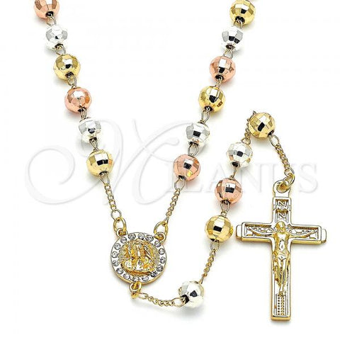 Oro Laminado Medium Rosary, Gold Filled Style Jesus and Crucifix Design, with White Crystal, Polished, Tricolor, 09.253.0054.26