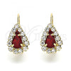 Oro Laminado Leverback Earring, Gold Filled Style Teardrop Design, with Garnet and White Crystal, Polished, Golden Finish, 5.125.012.8