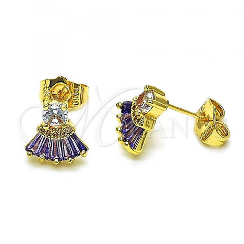 Oro Laminado Stud Earring, Gold Filled Style with Amethyst and White Cubic Zirconia, Polished, Golden Finish, 02.310.0022.2