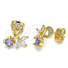 Oro Laminado Stud Earring, Gold Filled Style Leaf Design, with Amethyst Cubic Zirconia, Polished, Golden Finish, 02.387.0009.1
