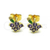 Oro Laminado Stud Earring, Gold Filled Style Grape Design, with Amethyst and Green Cubic Zirconia, Polished, Golden Finish, 02.210.0671