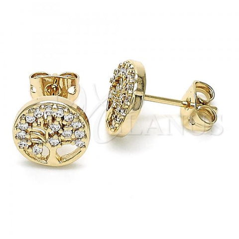 Oro Laminado Stud Earring, Gold Filled Style Tree Design, with White Micro Pave, Polished, Golden Finish, 02.342.0082