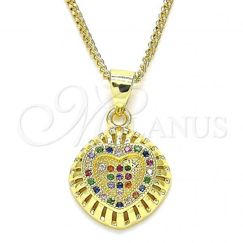 Oro Laminado Pendant Necklace, Gold Filled Style Heart Design, with Multicolor Micro Pave, Polished, Golden Finish, 04.156.0332.3.20