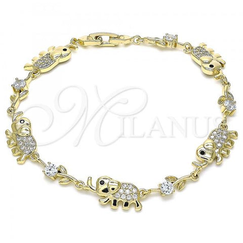Oro Laminado Fancy Bracelet, Gold Filled Style Elephant and Leaf Design, with White Micro Pave and White Cubic Zirconia, Polished, Golden Finish, 03.210.0138.08