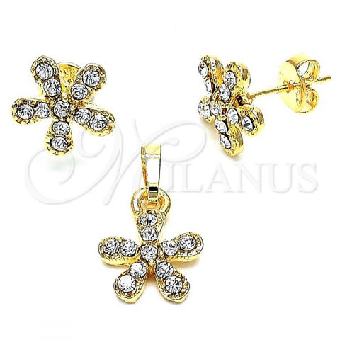 Oro Laminado Earring and Pendant Adult Set, Gold Filled Style Flower Design, with White Crystal, Polished, Golden Finish, 10.164.0025