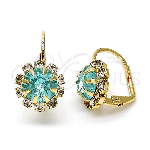 Oro Laminado Leverback Earring, Gold Filled Style Flower Design, with Aqua Blue and White Crystal, Polished, Golden Finish, 02.122.0086.3