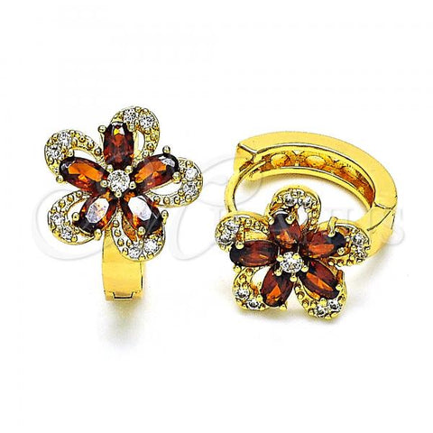 Oro Laminado Huggie Hoop, Gold Filled Style Flower Design, with Garnet and White Cubic Zirconia, Polished, Golden Finish, 02.210.0721.1.15