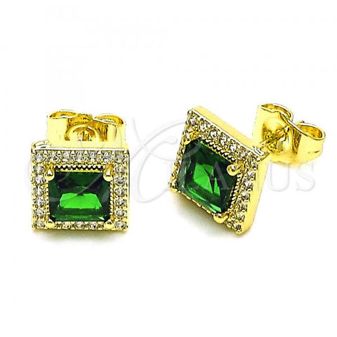 Oro Laminado Stud Earring, Gold Filled Style Cluster Design, with Green Cubic Zirconia and White Micro Pave, Polished, Golden Finish, 02.210.0477.5