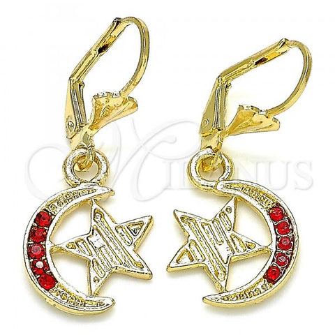 Oro Laminado Dangle Earring, Gold Filled Style Moon and Star Design, with Garnet Crystal, Polished, Golden Finish, 02.351.0075.1