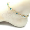 Oro Laminado Fancy Anklet, Gold Filled Style Evil Eye Design, Green Enamel Finish, Golden Finish, 03.213.0033.5.10