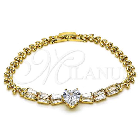 Oro Laminado Fancy Bracelet, Gold Filled Style Heart and Baguette Design, with White Cubic Zirconia, Polished, Golden Finish, 03.283.0304.07