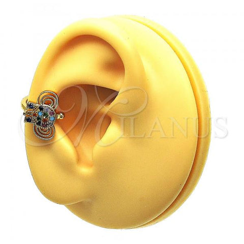 Oro Laminado Earcuff Earring, Gold Filled Style Elephant Design, with Multicolor Micro Pave, Polished, Golden Finish, 02.210.0685.1