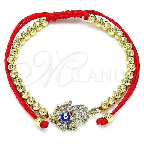 Oro Laminado Adjustable Bolo Bracelet, Gold Filled Style Hand of God and Ball Design, with Multicolor Micro Pave, Blue Enamel Finish, Golden Finish, 03.341.0098.11
