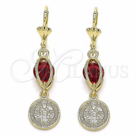 Oro Laminado Long Earring, Gold Filled Style San Benito Design, with Garnet Cubic Zirconia, Polished, Golden Finish, 02.351.0030.1