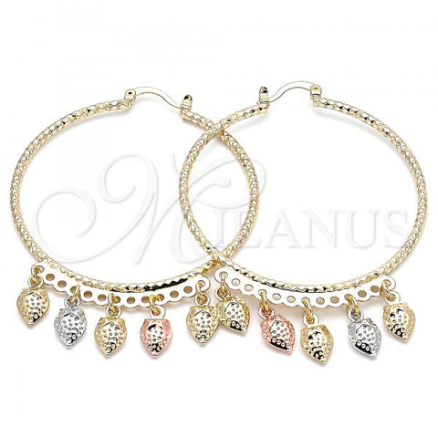 Oro Laminado Large Hoop, Gold Filled Style Strawberry Design, Diamond Cutting Finish, Tricolor, 02.380.0017.50