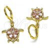 Oro Laminado Dangle Earring, Gold Filled Style Turtle and Flower Design, with Pink Cubic Zirconia, Polished, Golden Finish, 02.357.0072