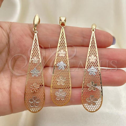 Oro Laminado Earring and Pendant Adult Set, Gold Filled Style Tricolor, 5.049.006