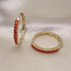 Oro Laminado Huggie Hoop, Gold Filled Style Baguette Design, with Garnet Cubic Zirconia, Polished, Golden Finish, 02.210.0105.15.35
