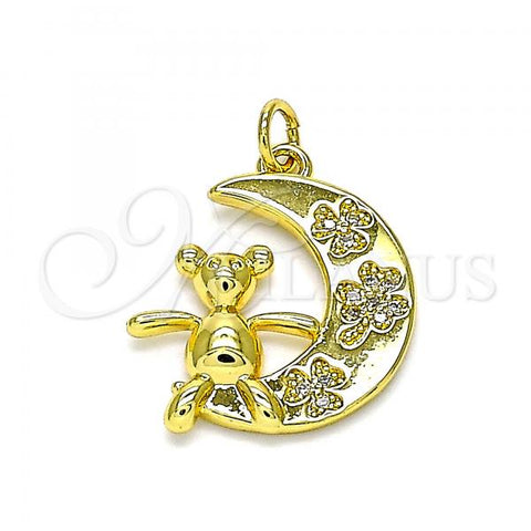 Oro Laminado Fancy Pendant, Gold Filled Style Teddy Bear and Moon Design, with White Micro Pave, Polished, Golden Finish, 05.381.0003