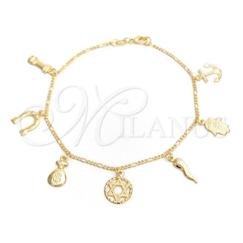 Oro Laminado Charm Anklet , Gold Filled Style Hand of God and Star of David Design, Polished, Golden Finish, 03.32.0538.10