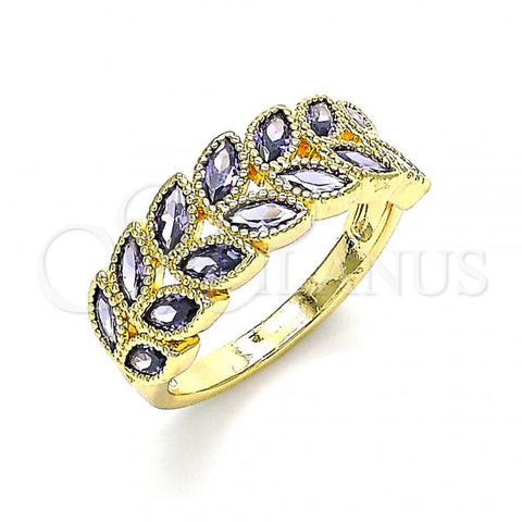 Oro Laminado Multi Stone Ring, Gold Filled Style Leaf Design, with Amethyst Cubic Zirconia, Polished, Golden Finish, 01.346.0019.3.09