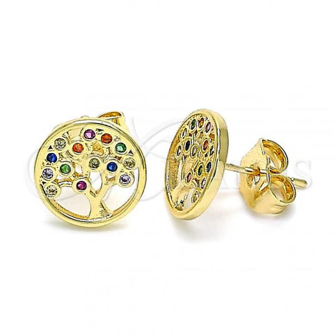 Oro Laminado Stud Earring, Gold Filled Style Tree Design, with Multicolor Micro Pave, Polished, Golden Finish, 02.156.0531.1
