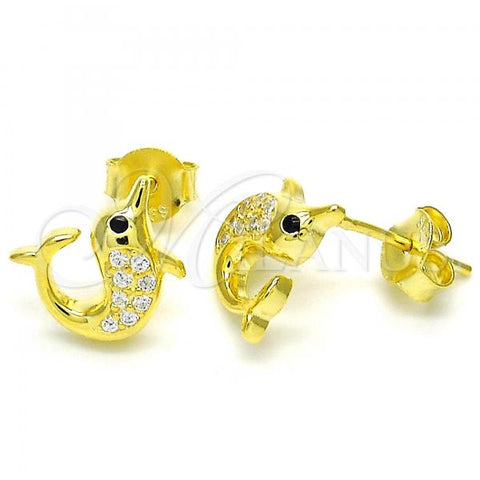 Sterling Silver Stud Earring, Dolphin Design, with Black and White Cubic Zirconia, Polished, Golden Finish, 02.336.0099.2