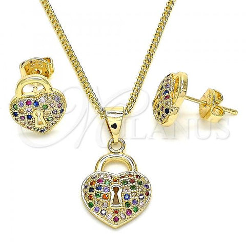 Oro Laminado Earring and Pendant Adult Set, Gold Filled Style Lock and Heart Design, with Multicolor Micro Pave, Polished, Golden Finish, 10.156.0246.3