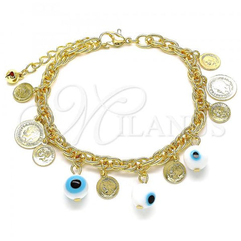 Oro Laminado Charm Bracelet, Gold Filled Style Evil Eye Design, Polished, Golden Finish, 03.331.0133.08
