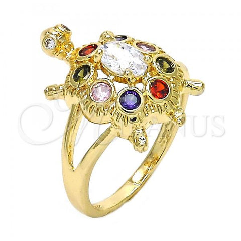 Oro Laminado Multi Stone Ring, Gold Filled Style Turtle Design, with Multicolor Cubic Zirconia, Polished, Golden Finish, 01.210.0066.1.09 (Size 9)