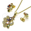 Oro Laminado Earring and Pendant Adult Set, Gold Filled Style Peacock Design, with Multicolor Cubic Zirconia, Polished, Golden Finish, 10.210.0161.1