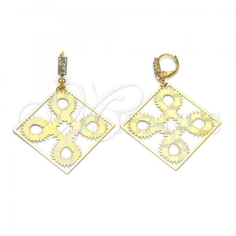 Oro Laminado Dangle Earring, Gold Filled Style Filigree Design, with White Cubic Zirconia, Diamond Cutting Finish, Golden Finish, 69.003