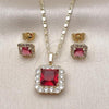 Oro Laminado Earring and Pendant Adult Set, Gold Filled Style Cluster Design, with White Micro Pave and Ruby Cubic Zirconia, Polished, Golden Finish, 10.196.0088.4