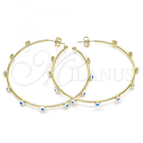Oro Laminado Large Hoop, Gold Filled Style Evil Eye Design, White Enamel Finish, Golden Finish, 02.213.0219.1.50