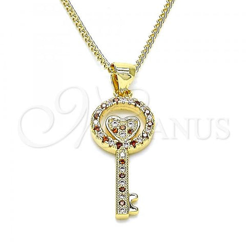 Oro Laminado Pendant Necklace, Gold Filled Style key and Heart Design, with Garnet and White Micro Pave, Polished, Golden Finish, 04.156.0430.1.20