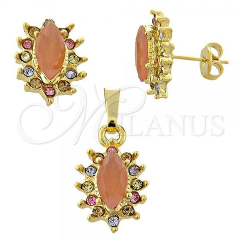 Oro Laminado Earring and Pendant Adult Set, Gold Filled Style with Dark Champagne Opal and Multicolor Crystal, Polished, Golden Finish, 10.164.0013.3