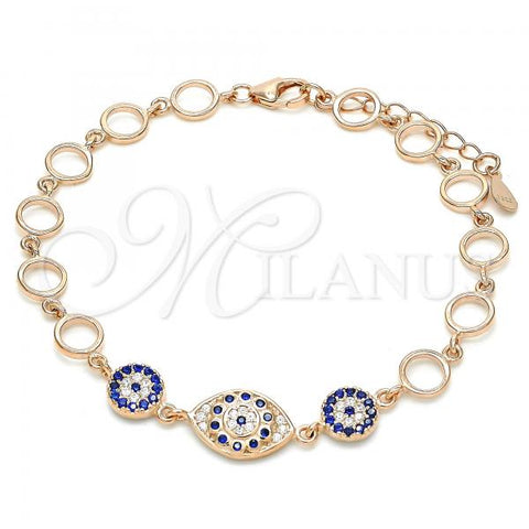 Sterling Silver Fancy Bracelet, Flower Design, with Sapphire Blue and White Cubic Zirconia, Polished, Rose Gold Finish, 03.369.0004.1.07
