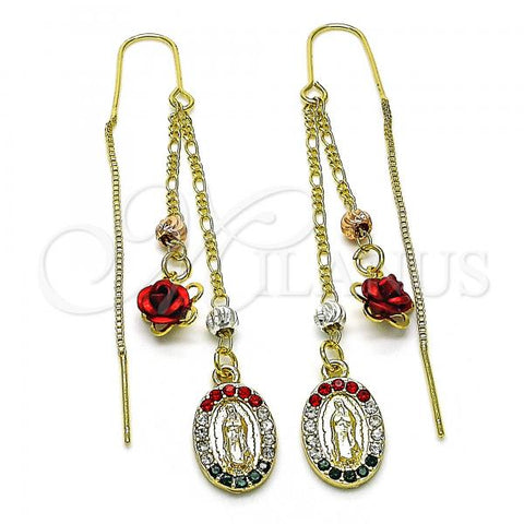Oro Laminado Threader Earring, Gold Filled Style Guadalupe and Flower Design, with Multicolor Crystal, Polished, Tricolor, 02.253.0037