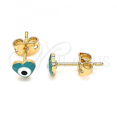 Oro Laminado Stud Earring, Gold Filled Style Evil Eye and Heart Design, Green Enamel Finish, Golden Finish, 02.213.0187 *PROMO*