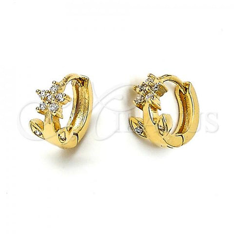 Oro Laminado Huggie Hoop, Gold Filled Style Flower Design, with White Cubic Zirconia, Polished, Golden Finish, 5.130.035.1