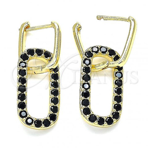 Oro Laminado Huggie Hoop, Gold Filled Style Paperclip Design, with Black Cubic Zirconia, Polished, Golden Finish, 02.210.0471.4.12