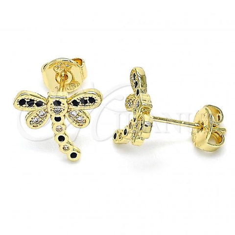 Oro Laminado Stud Earring, Gold Filled Style Dragon-Fly Design, with Black and White Micro Pave, Polished, Golden Finish, 02.156.0396.7
