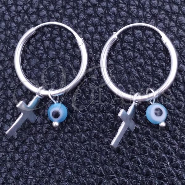 Sterling Silver Small Hoop, Evil Eye and Cross Design, with Aqua Blue Crystal, Polished, Silver Finish, 02.402.0009.15