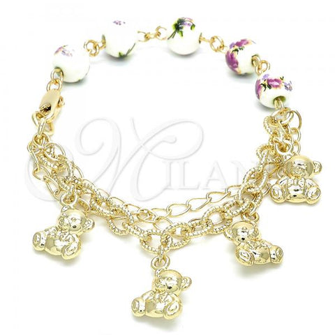 Oro Laminado Charm Bracelet, Gold Filled Style Teddy Bear and Flower Design, Polished, Golden Finish, 03.179.0059.07