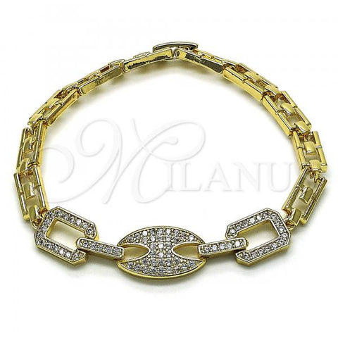 Oro Laminado Fancy Bracelet, Gold Filled Style Puff Mariner Design, with White Cubic Zirconia, Polished, Golden Finish, 03.283.0297.07